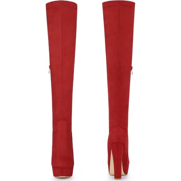 Women Red Suede Chunky Heel Rounded Toe Over the Knee Thigh High Long Boots - Picture 3 of 4